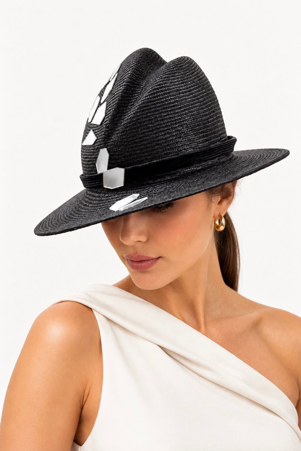 Riflessi di Positano black mirrored wide-brim hat by Rachel Sañado, view 3