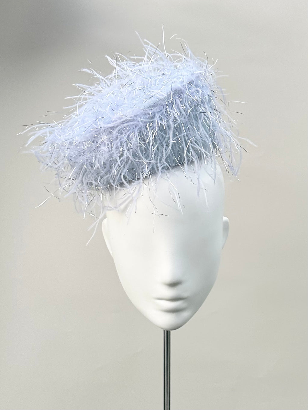 Frange di Luce soft blue-grey textured pillbox hat with silver Lurex highlights