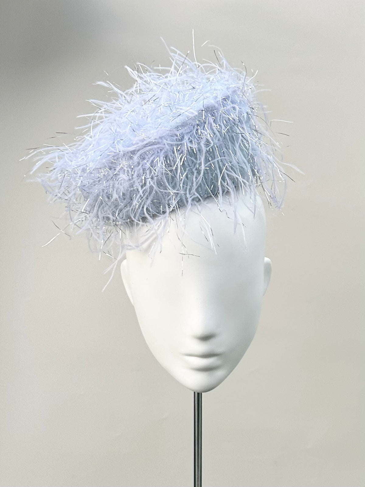 Frange di Luce soft blue-grey textured pillbox hat with silver Lurex highlights