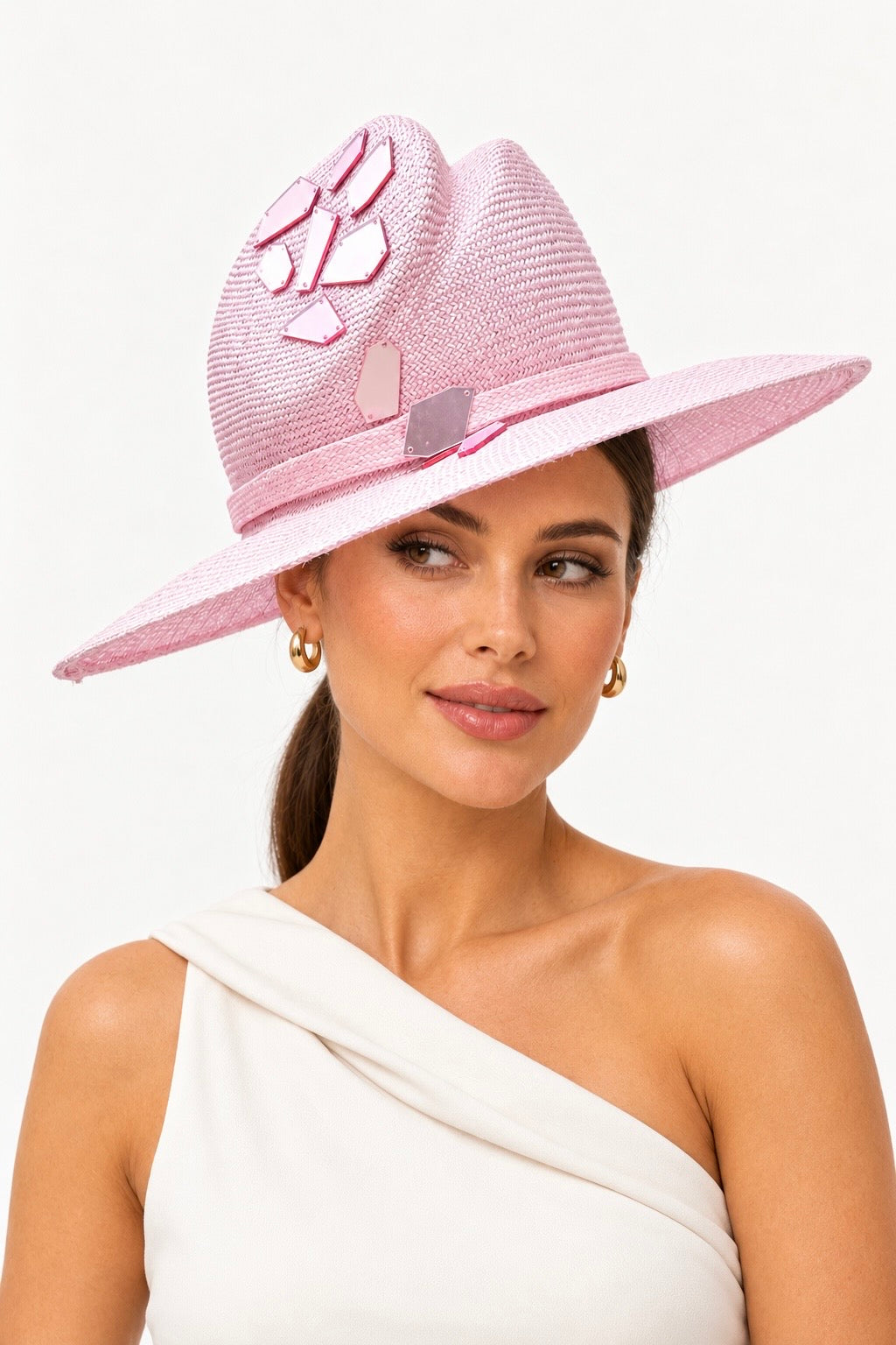 Riflessi di Positano blush pink crystal wide-brim hat by Rachel Sañado, view 3