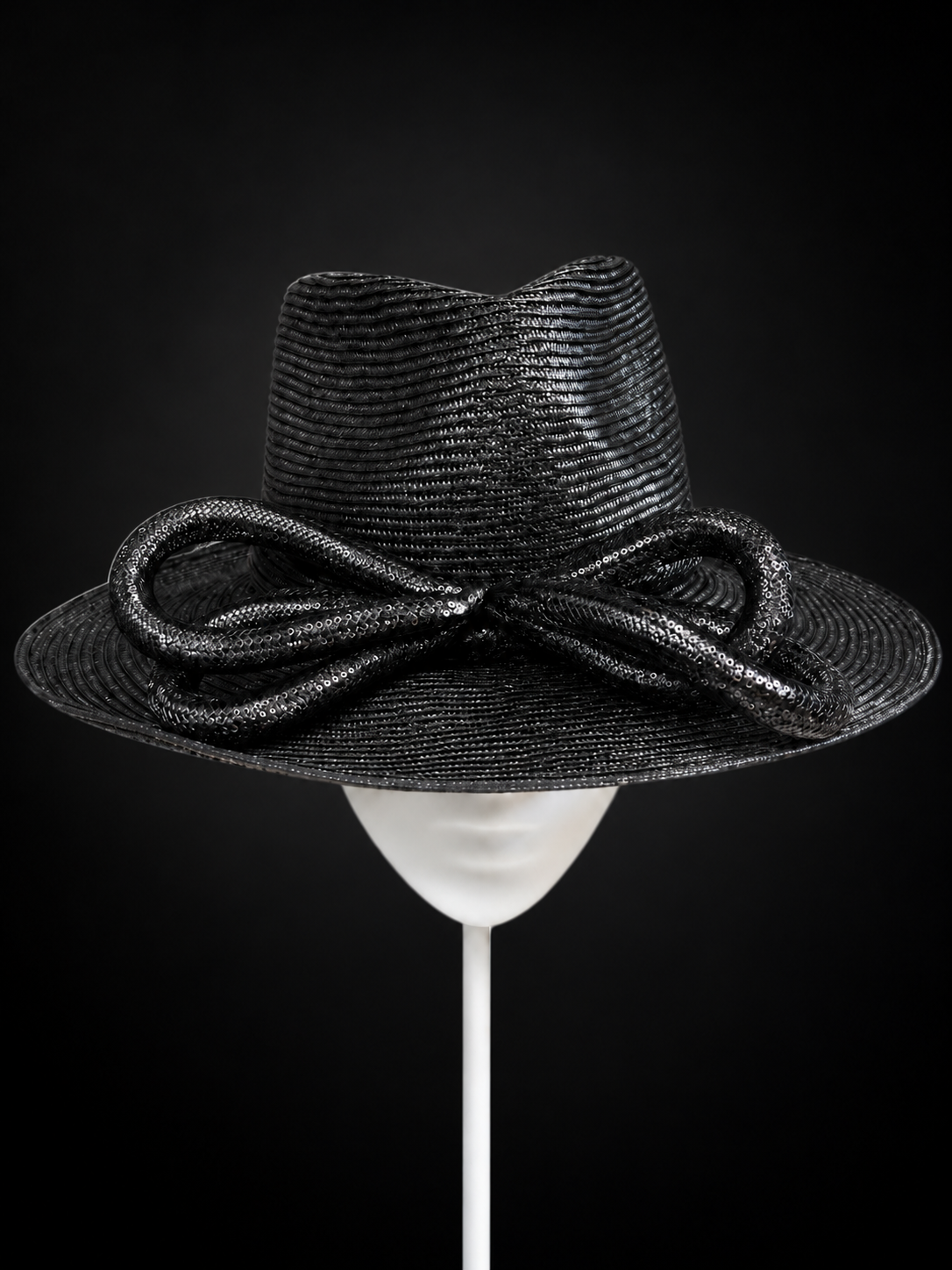 Quattro Mori black parisisal straw fedora with looping iridescent crinoline bows