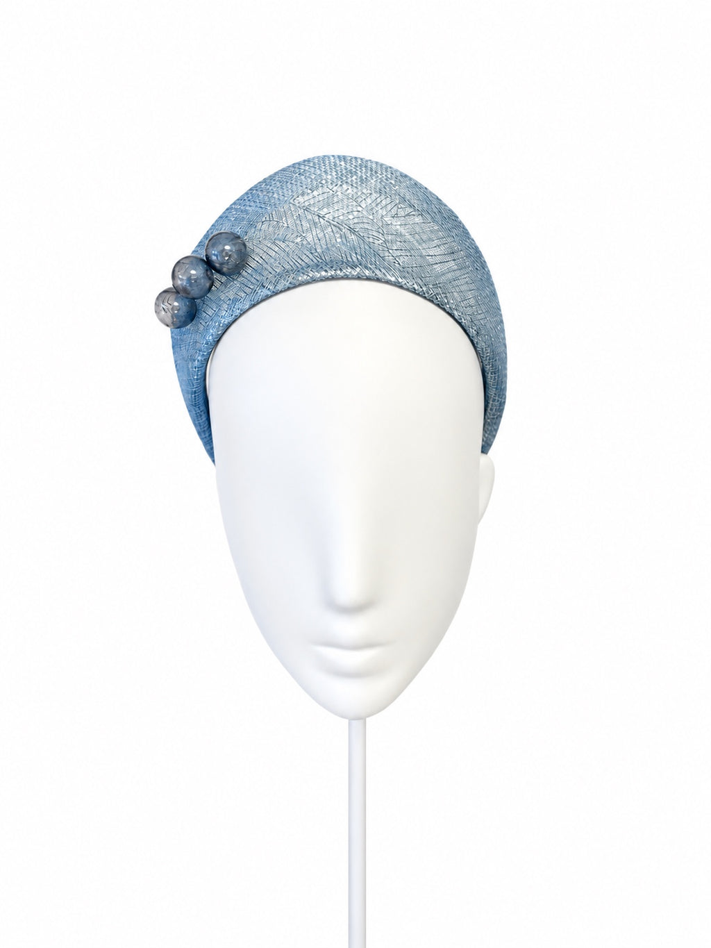 Rialto blue crown in metallic Lurex-threaded sinamay with Murano glass beads, front mannequin view