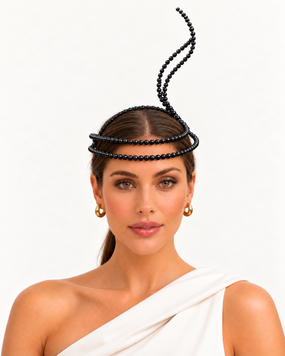 Minuit sur Monaco black pearl-like beaded halo headband by Rachel Sañado, view 2