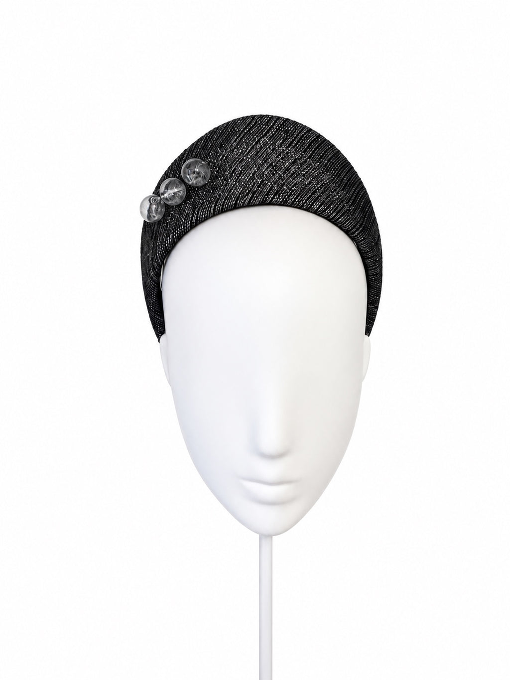 Rialto black crown with Murano glass beads, angled mannequin view