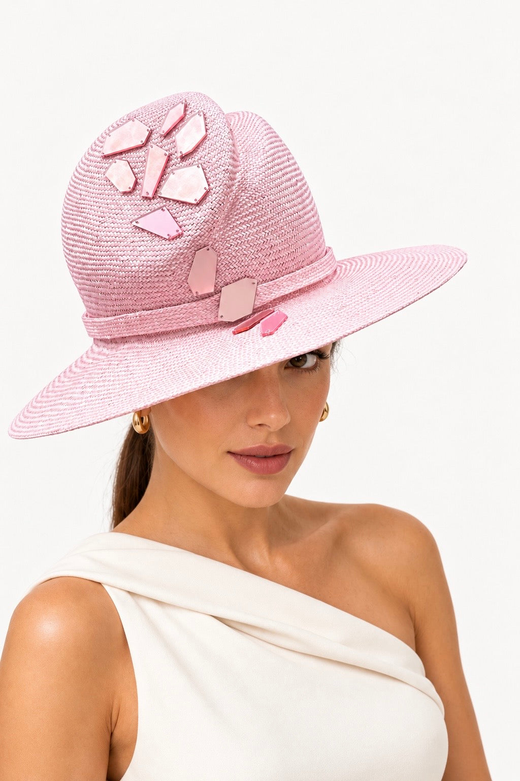 Riflessi di Positano blush pink crystal wide-brim hat by Rachel Sañado, view 2