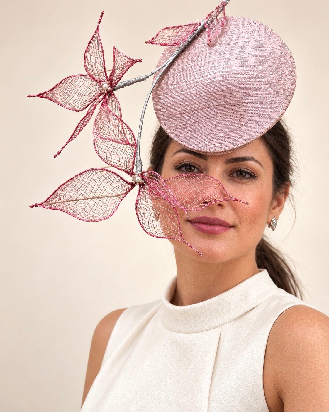 Le Jardin d’Avril pink, red and silver floral percher fascinator by Rachel Sañado, view 2