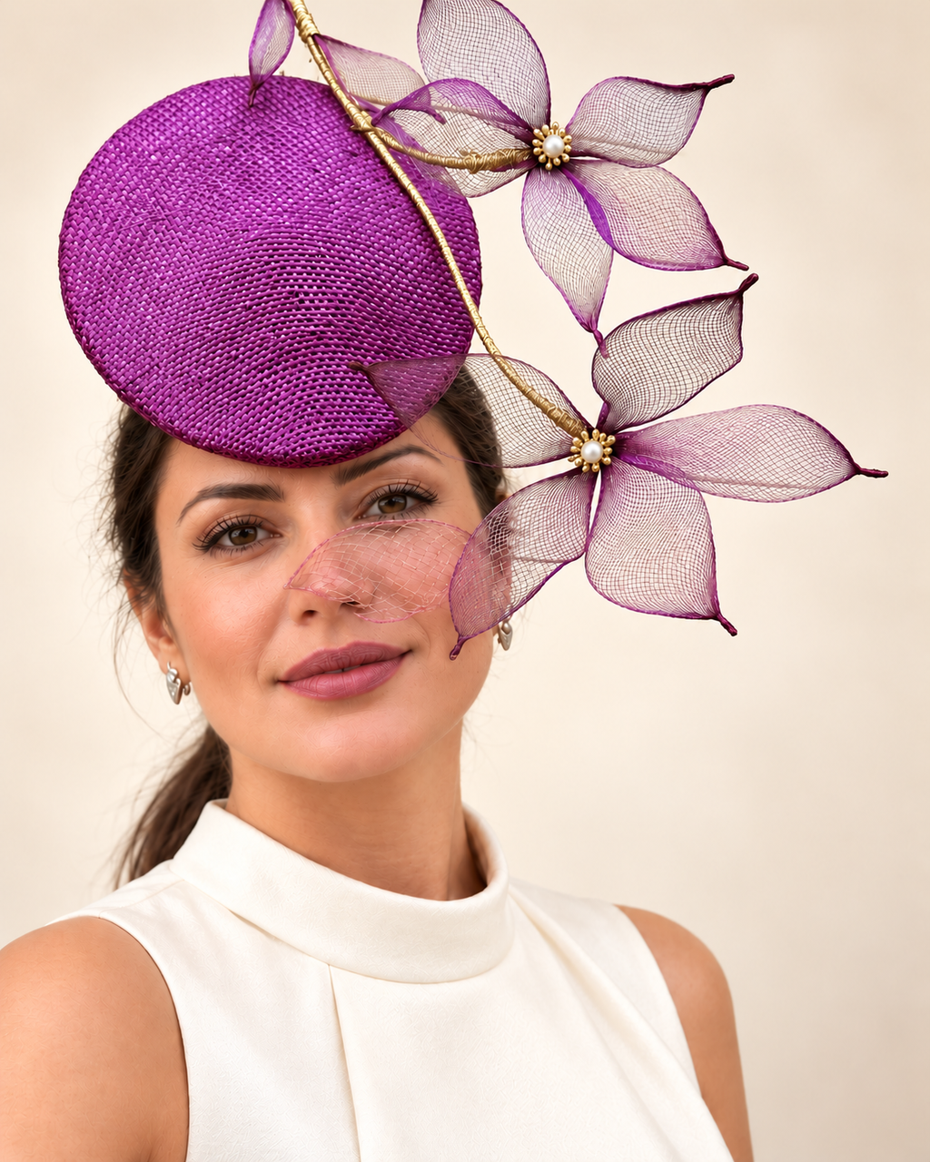 Le Jardin d’Avril magenta floral percher fascinator by Rachel Sañado, view 2