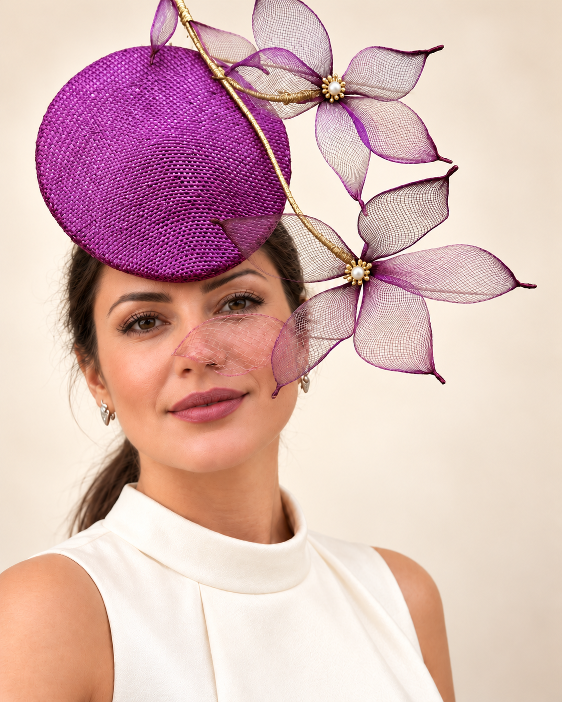 Le Jardin d’Avril magenta floral percher fascinator by Rachel Sañado, view 2