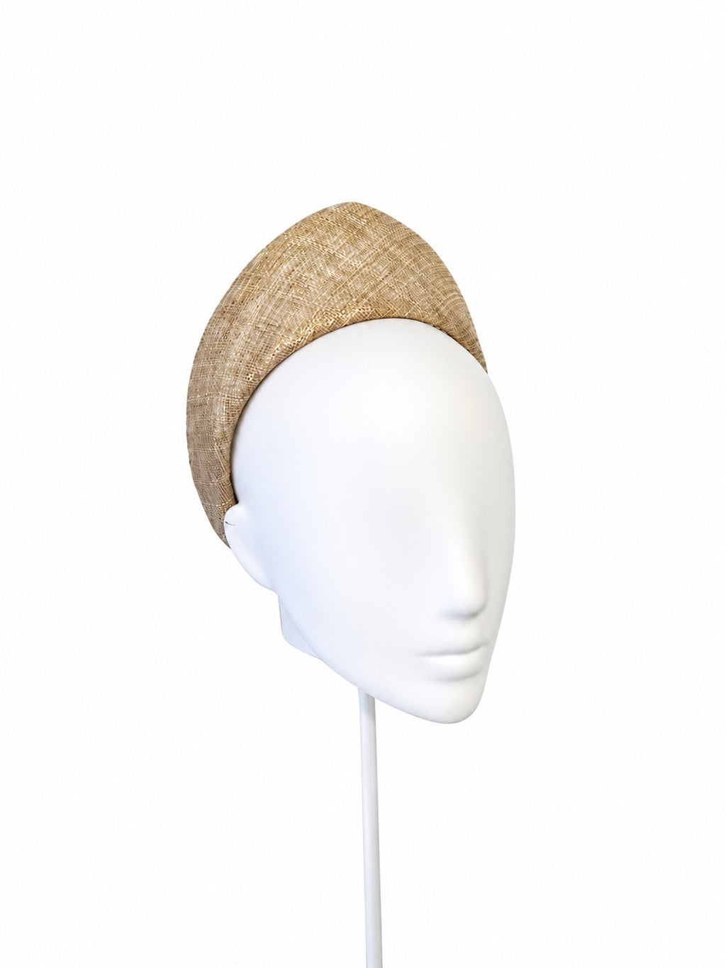 Rialto gold metallic Lurex-threaded sinamay crown, angled mannequin view