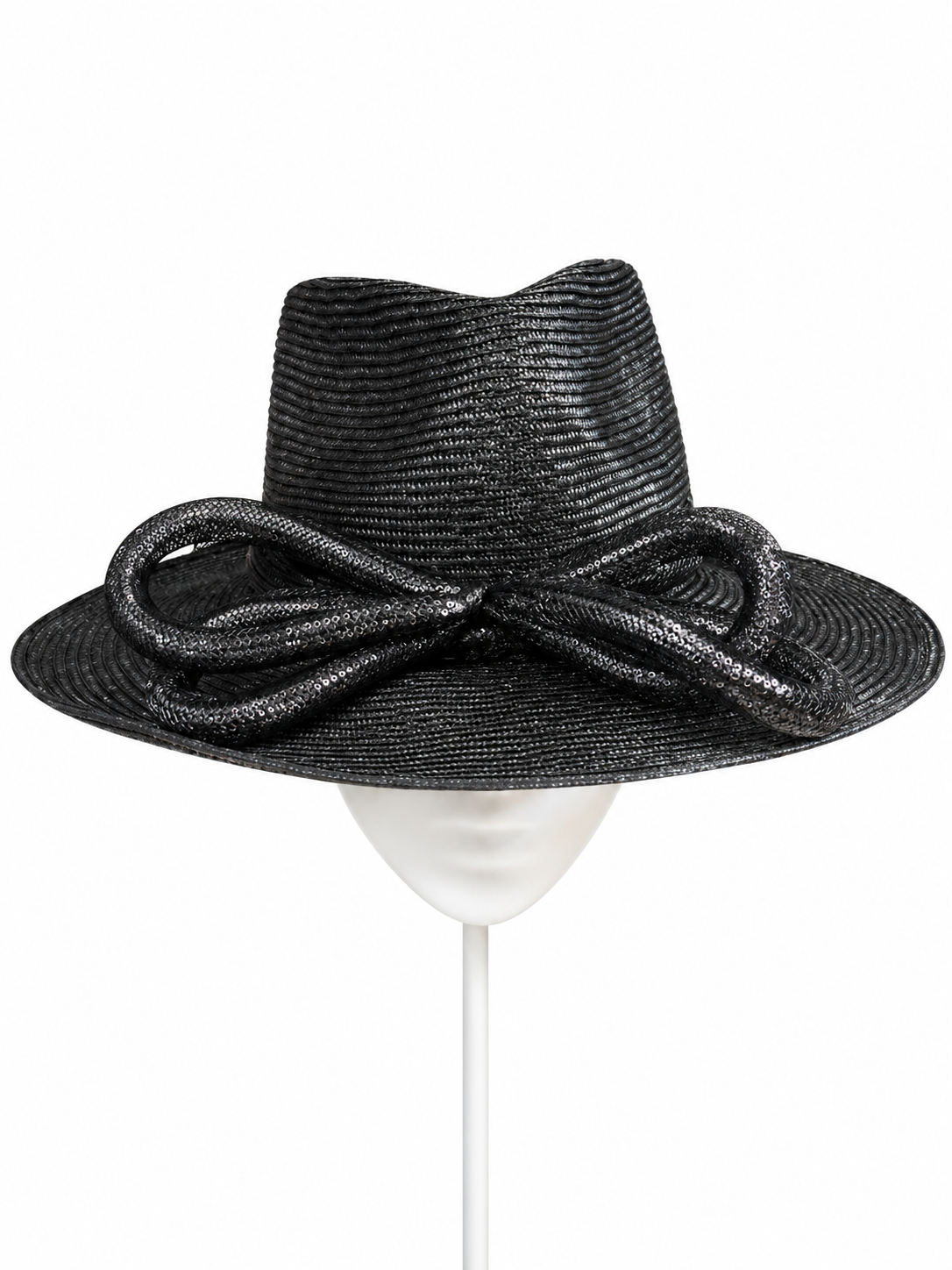 Quattro Mori black parisisal straw fedora with looping iridescent crinoline bows