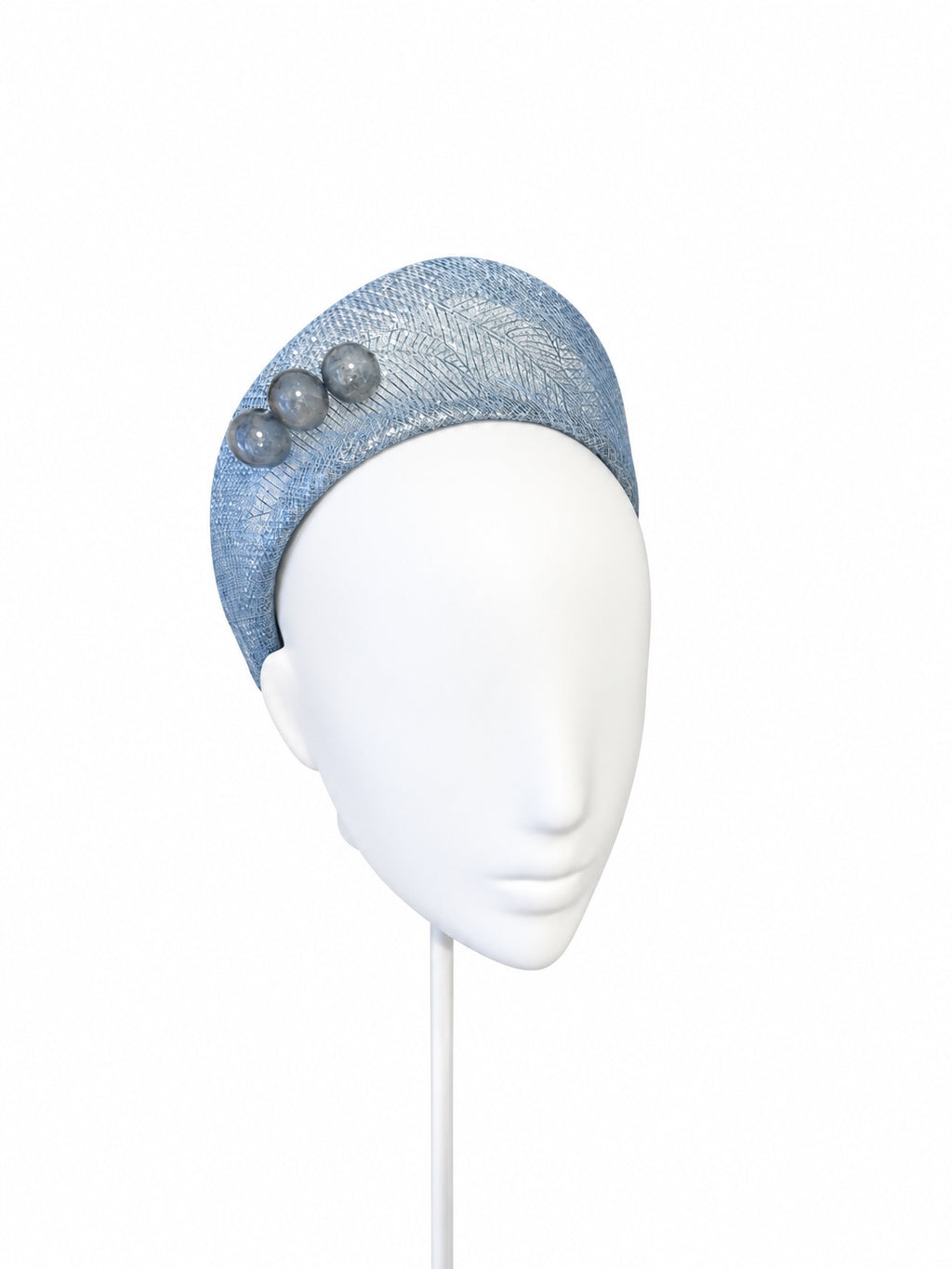 Rialto blue crown in metallic Lurex-threaded sinamay with Murano glass beads, angled mannequin view