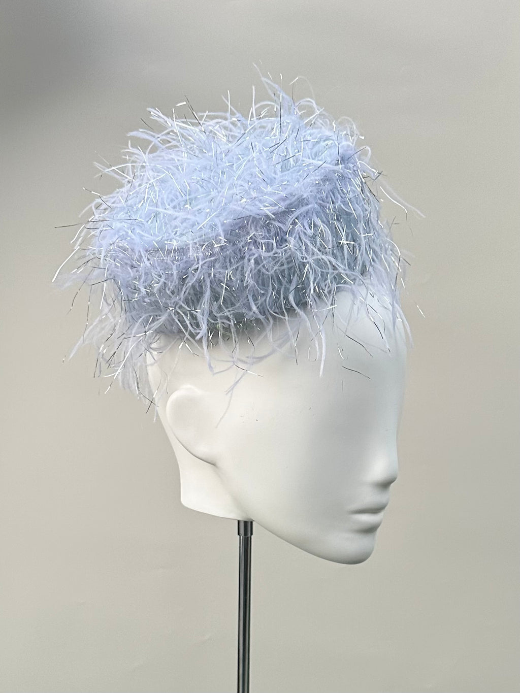 Frange di Luce soft blue-grey textured pillbox hat with silver Lurex highlights