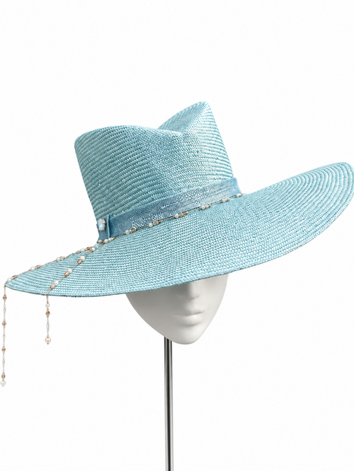 Azzurro di Navagio pale aqua beaded wide-brim hat by Rachel Sañado, view 1