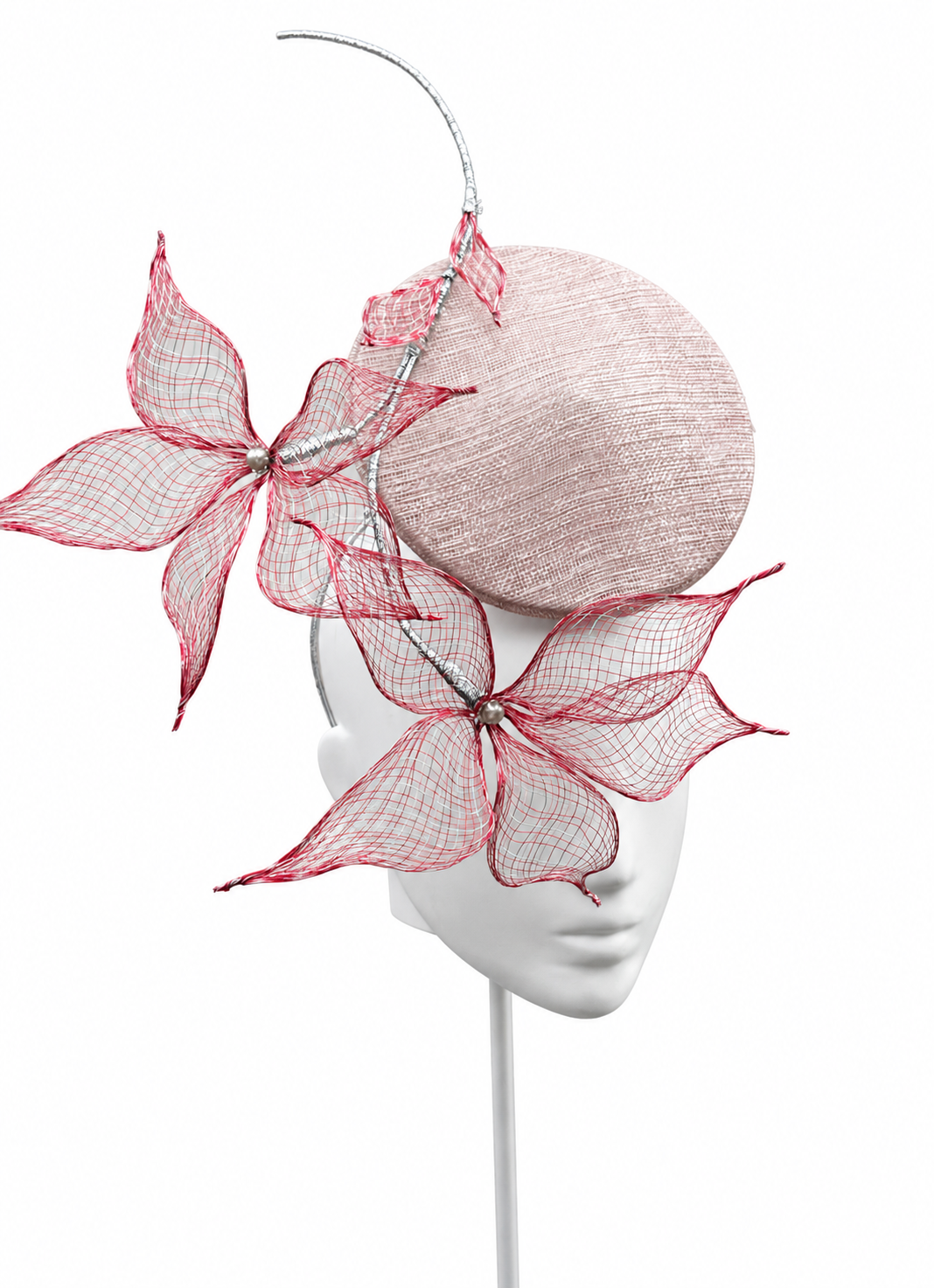 Le Jardin d’Avril pink, red and silver floral percher fascinator by Rachel Sañado, view 3