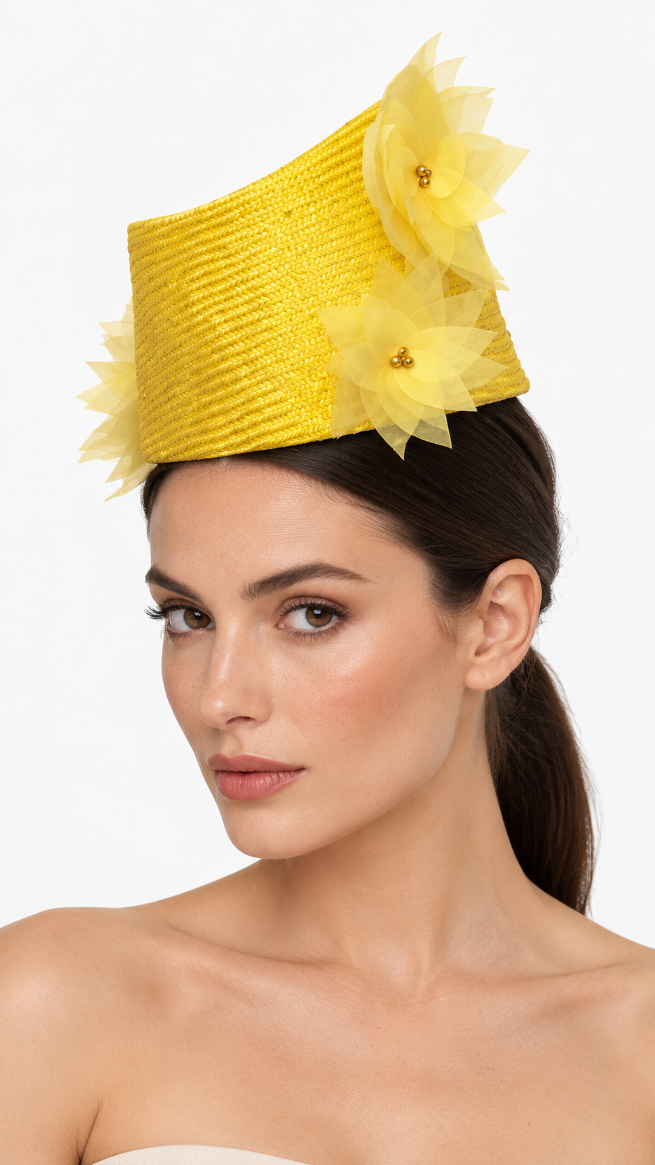 Verso Villasimius yellow organza floral pillbox hat by Rachel Sañado, view 3
