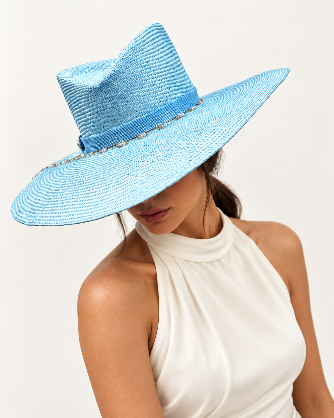 Azzurro di Navagio pale aqua beaded wide-brim hat by Rachel Sañado, view 3