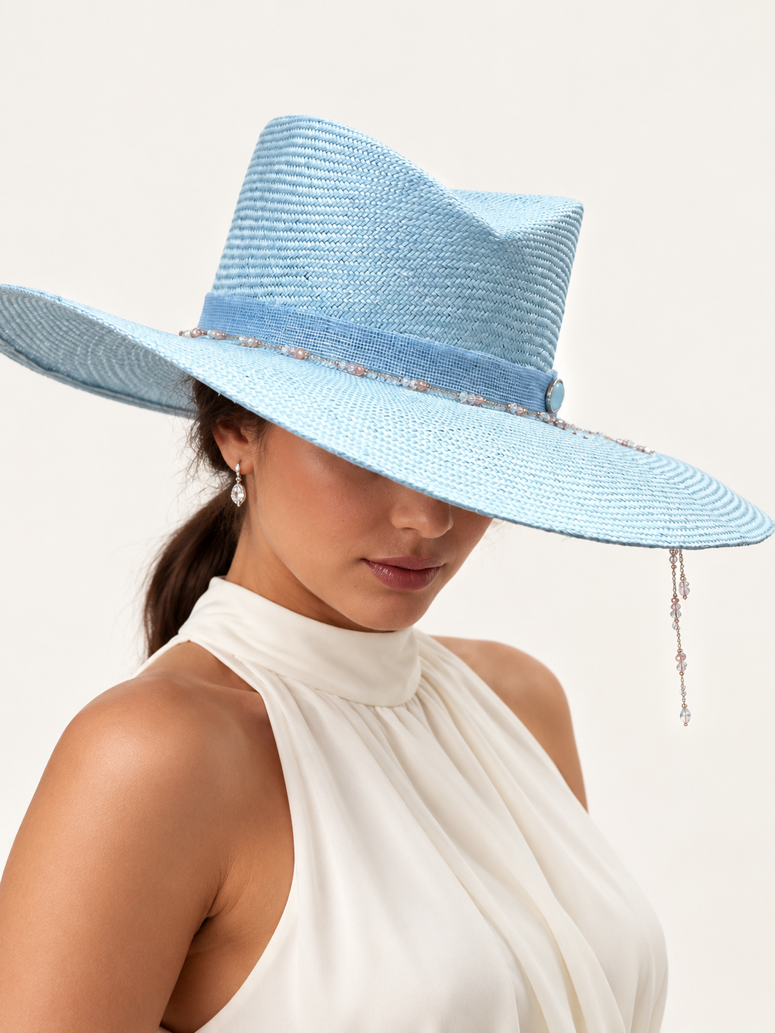 Azzurro di Navagio pale aqua beaded wide-brim hat by Rachel Sañado, view 2
