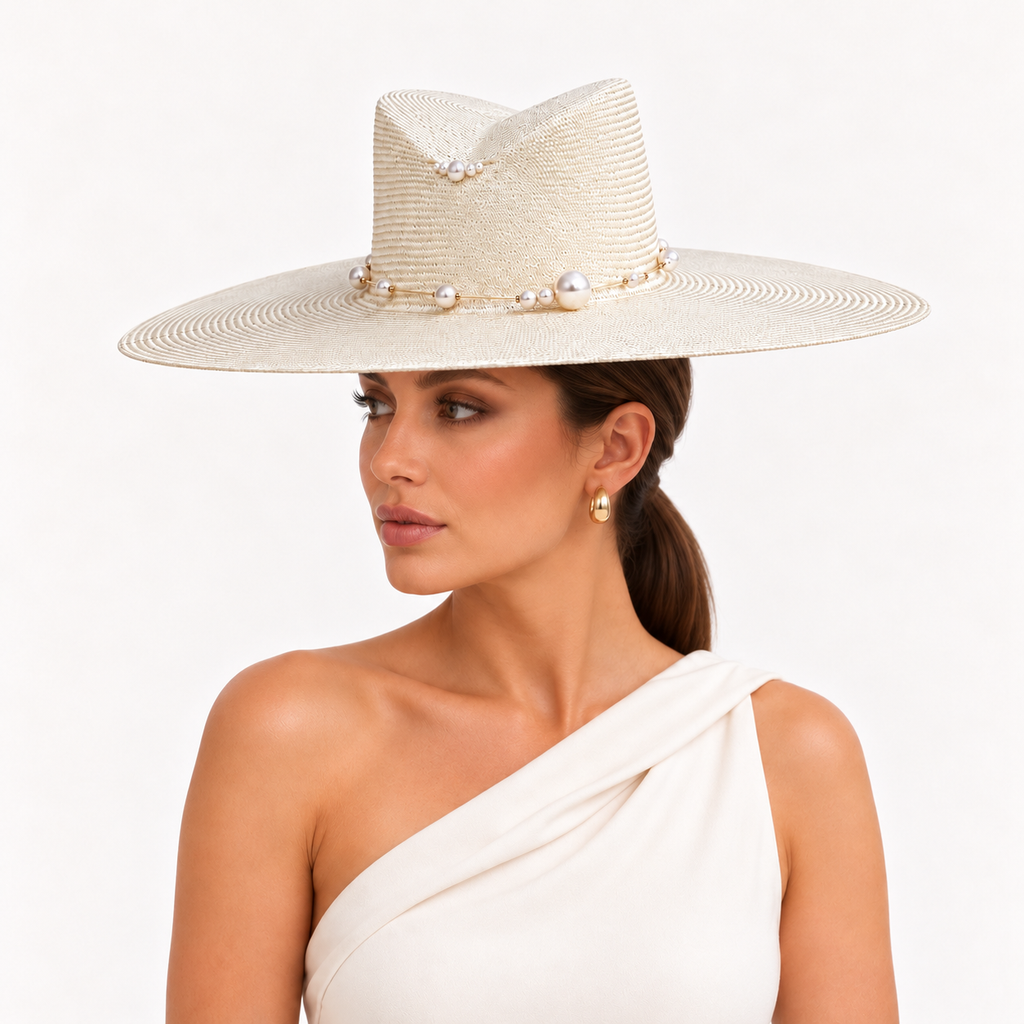 Bianco di Navagio ivory pearl-beaded wide-brim hat by Rachel Sañado, view 3