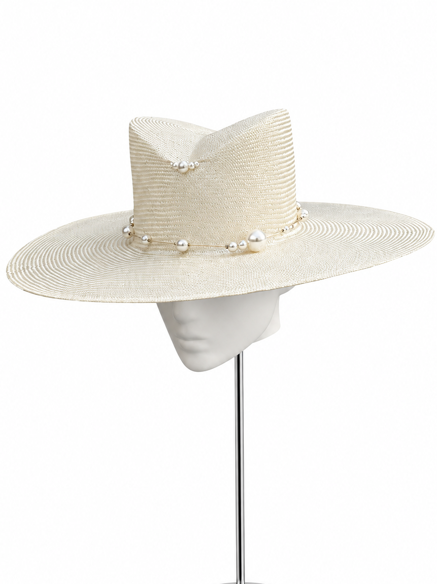 Bianco di Navagio ivory pearl-beaded wide-brim hat by Rachel Sañado, view 1