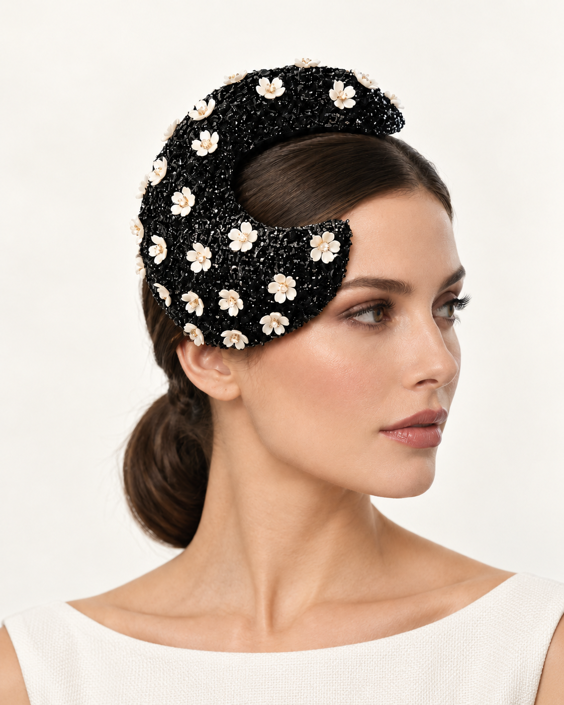 Fleur de Minuit black and ivory floral crescent fascinator by Rachel Sañado, view 3