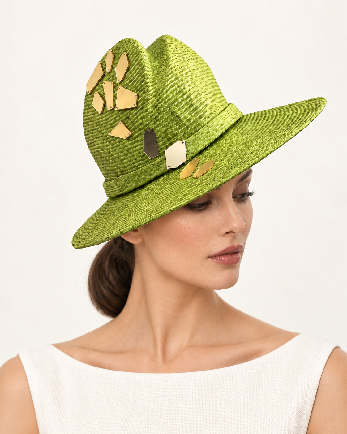 Riflessi di Positano green crystal wide-brim hat by Rachel Sañado, view 3