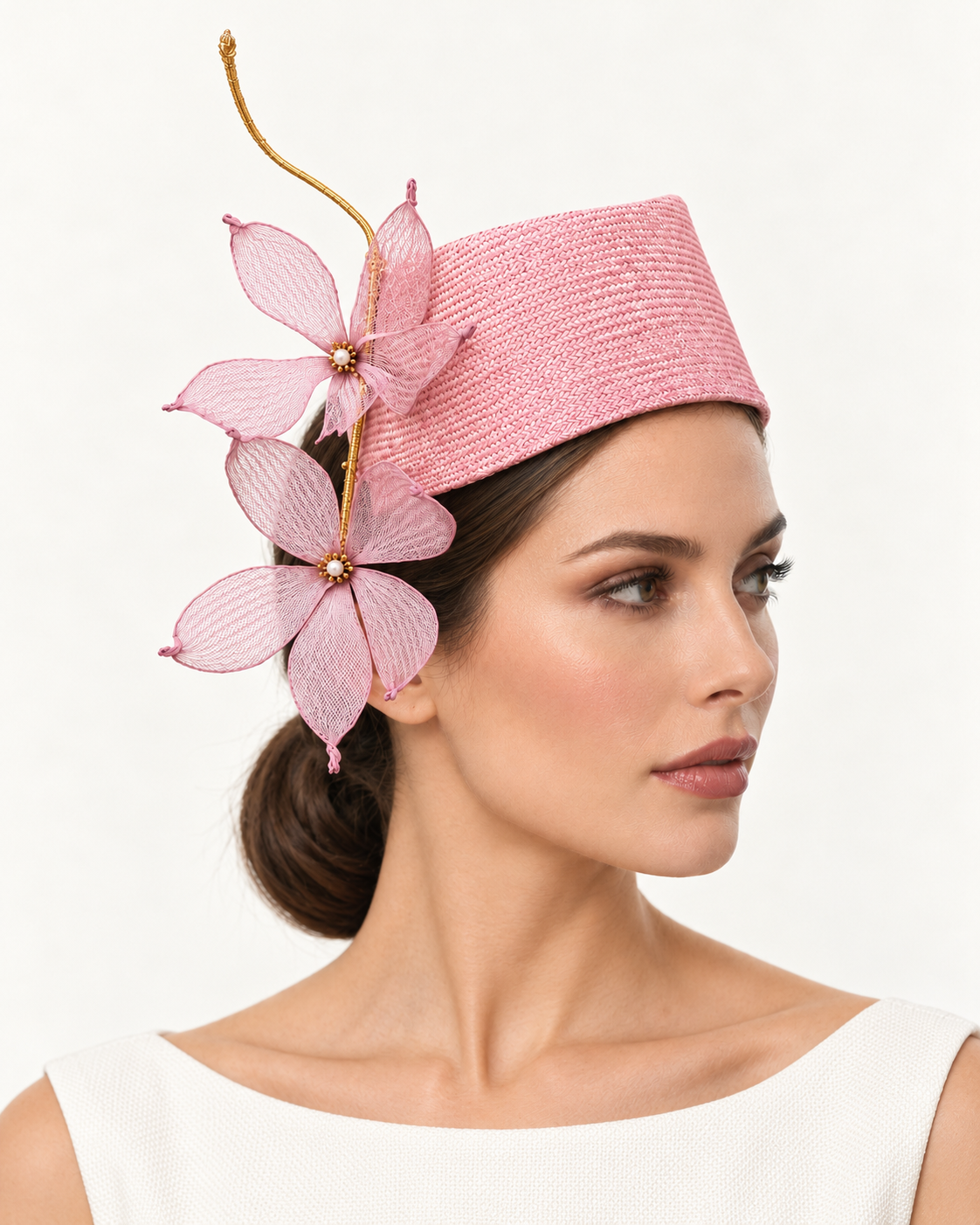 Oleandri Ionici pink floral pillbox hat by Rachel Sañado, view 2