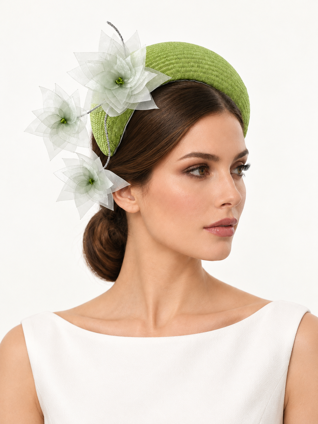 Verde in Fiore lime green floral crescent fascinator by Rachel Sañado, view 3