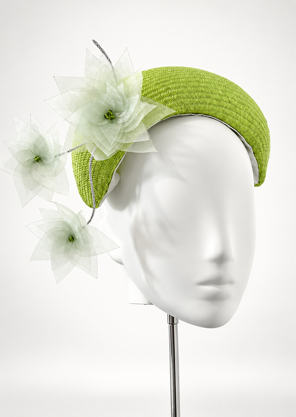 Verde in Fiore lime green floral crescent fascinator by Rachel Sañado, view 2