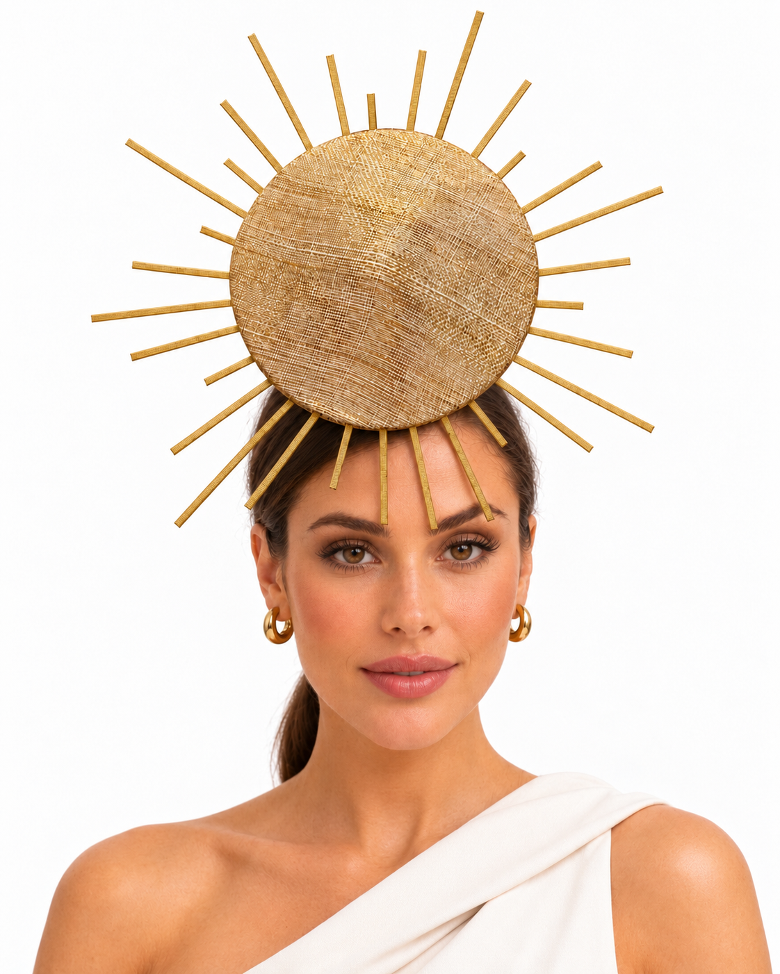 Soleil du Plongeur gold sunburst disc fascinator by Rachel Sañado, view 2