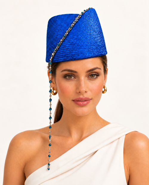Cobalto Ionico cobalt blue beaded pillbox hat by Rachel Sañado, view 3