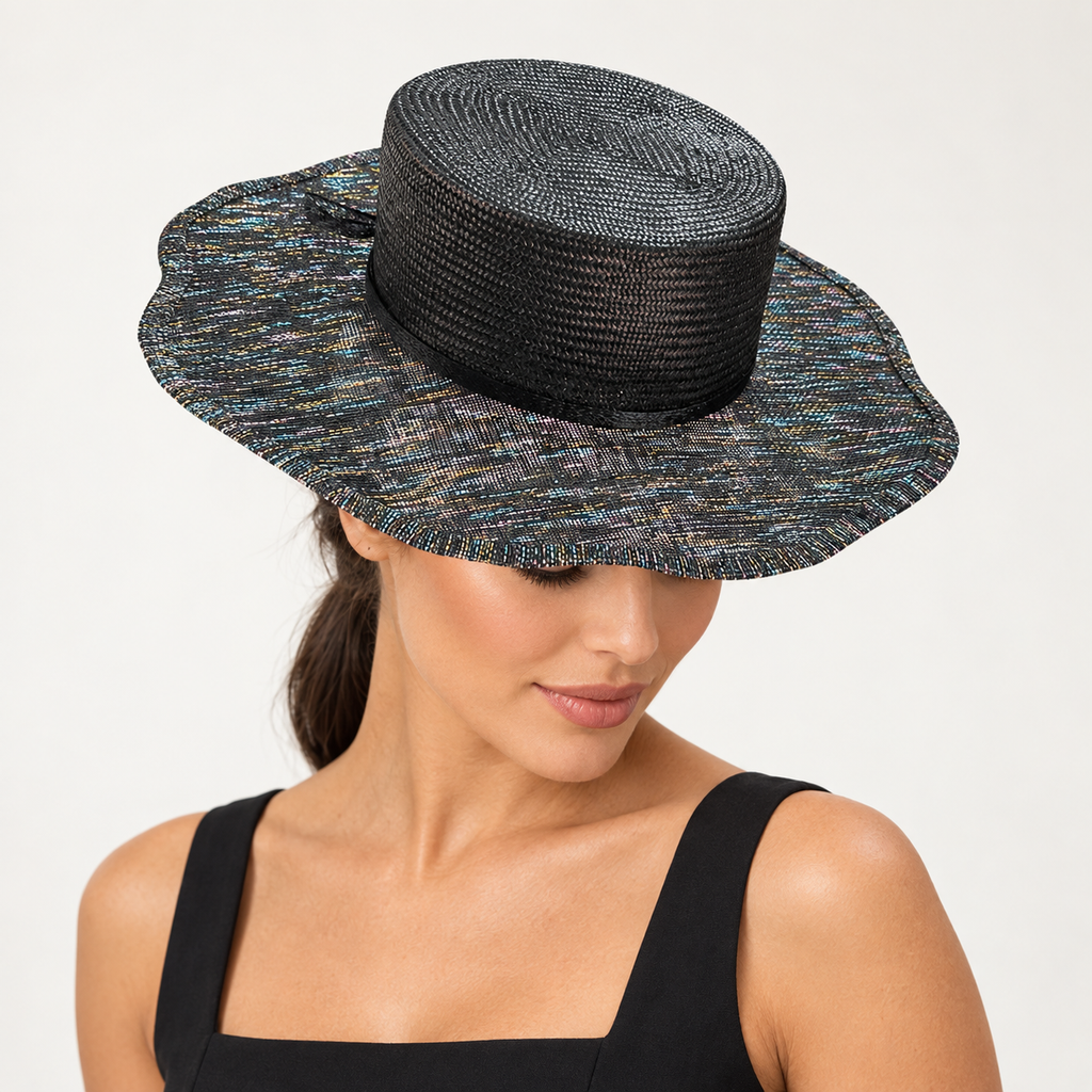 Feux sur la Côte black shimmer boater hat by Rachel Sañado, view 2