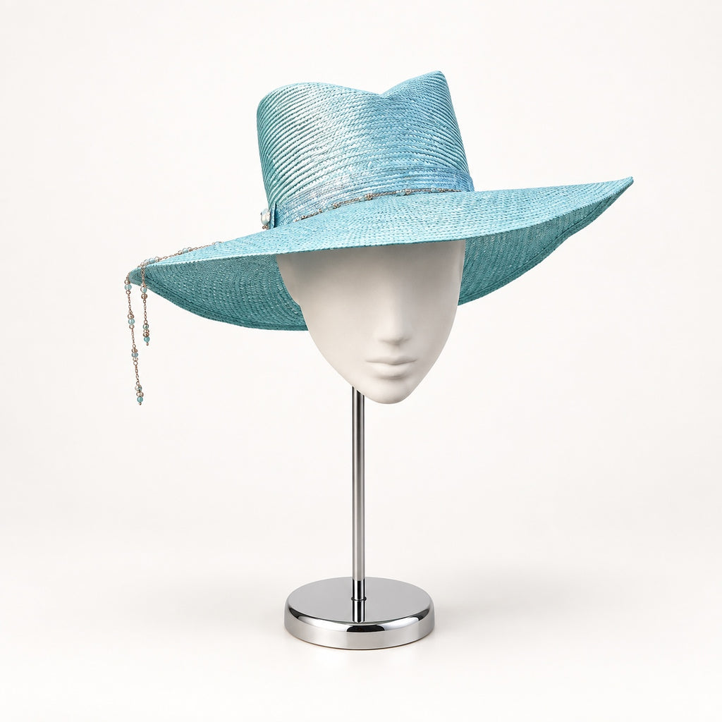 Azzurro di Navagio pale-aqua beaded wide-brim hat, front view