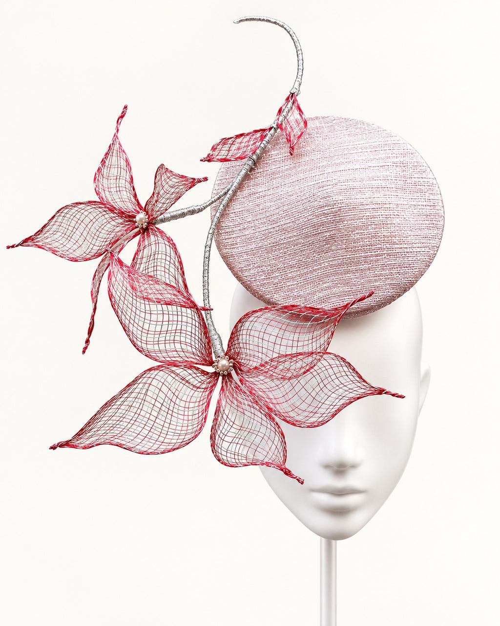 Le Jardin d’Avril pale-pink silver Lurex sinamay fascinator with red-and-silver wire-mesh flowers