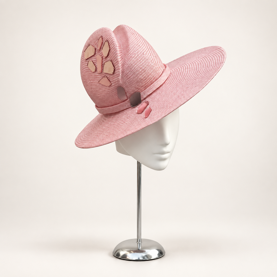 Blush-pink Parisisal wide-brim hat with crystal-glass embellishments