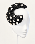 Fleur de Minuit — Black & Ivory Crescent Headpiece — white mannequin and white stand, view 1