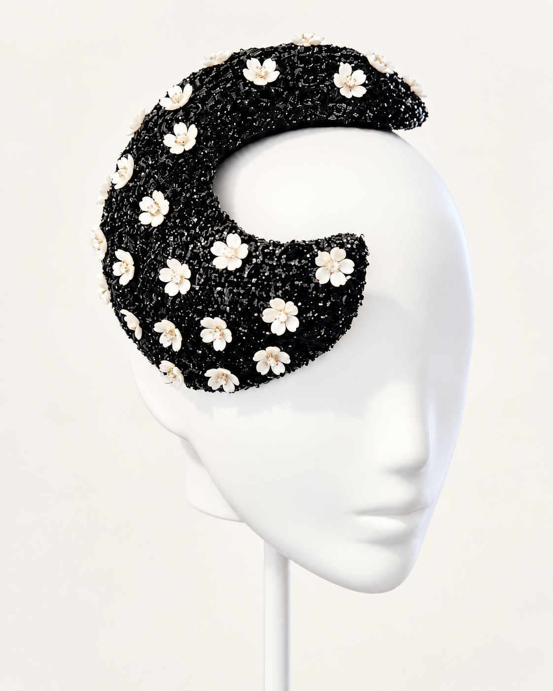 Fleur de Minuit — Black & Ivory Crescent Headpiece — white mannequin and white stand, view 1