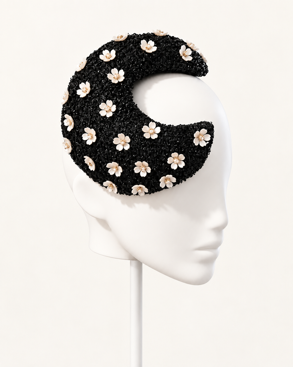 Fleur de Minuit — Black & Ivory Crescent Headpiece — white mannequin and white stand, view 2