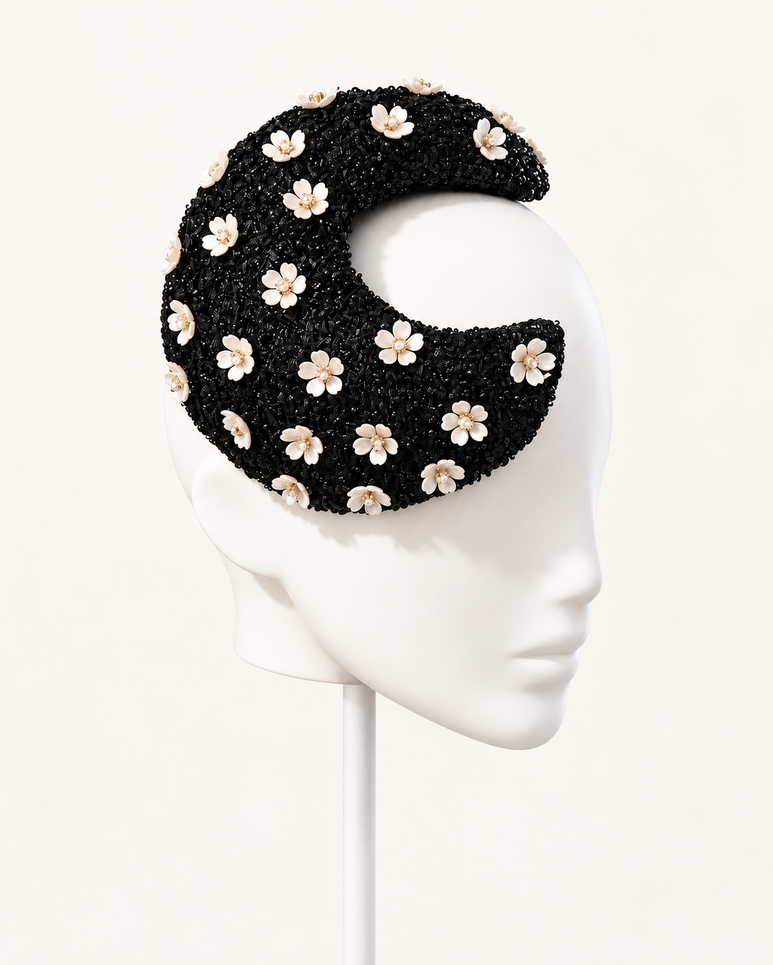 Fleur de Minuit — Black & Ivory Crescent Headpiece — white mannequin and white stand, view 2