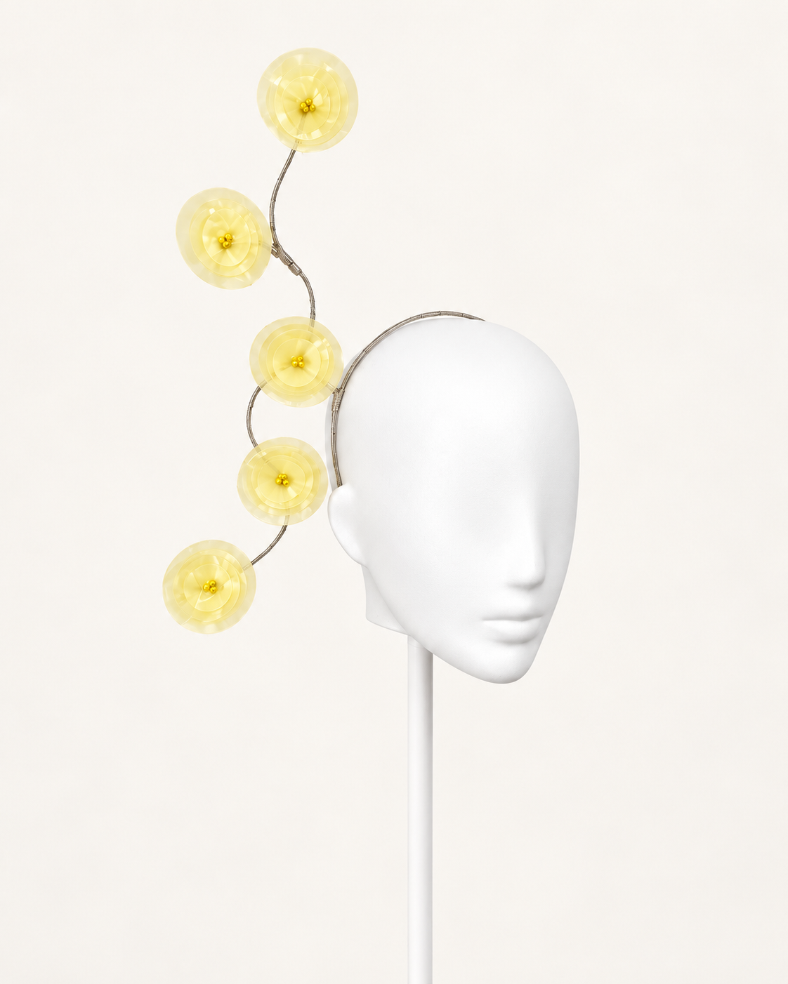 Ricordo di Positano — Lemon Organza Floral Headband — white mannequin and white stand, view 1