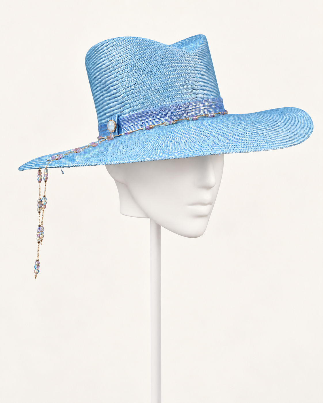 Azzurro di Navagio — Beaded Wide-Brim Hat on a white mannequin and stand, view 1