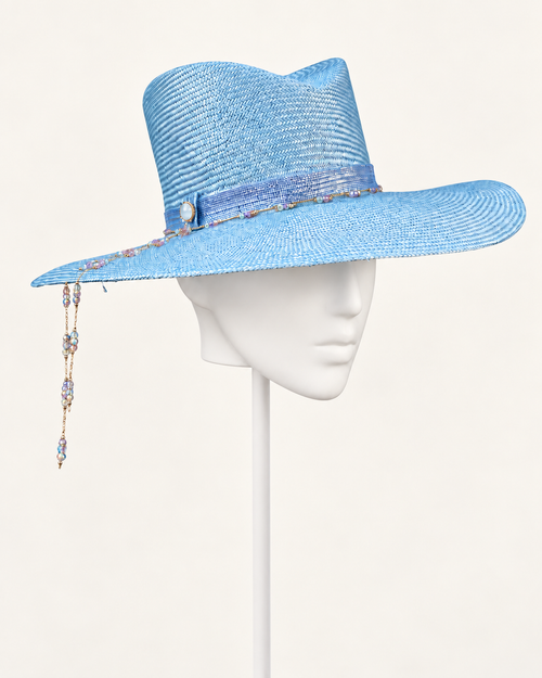 Azzurro di Navagio — Beaded Wide-Brim Hat on a white mannequin and stand, view 1