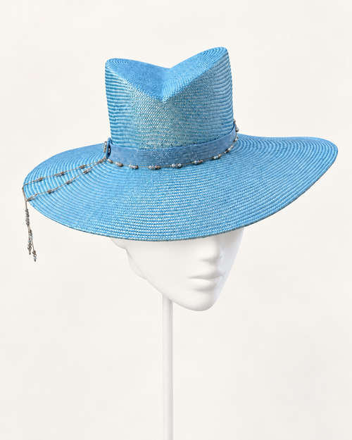 Azzurro di Navagio — Beaded Wide-Brim Hat on a white mannequin and stand, view 2