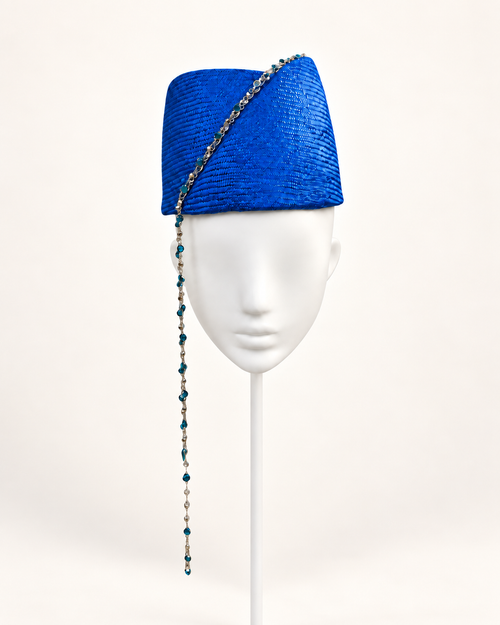 Cobalto Ionico — Beaded Pillbox on a white mannequin and stand, view 1