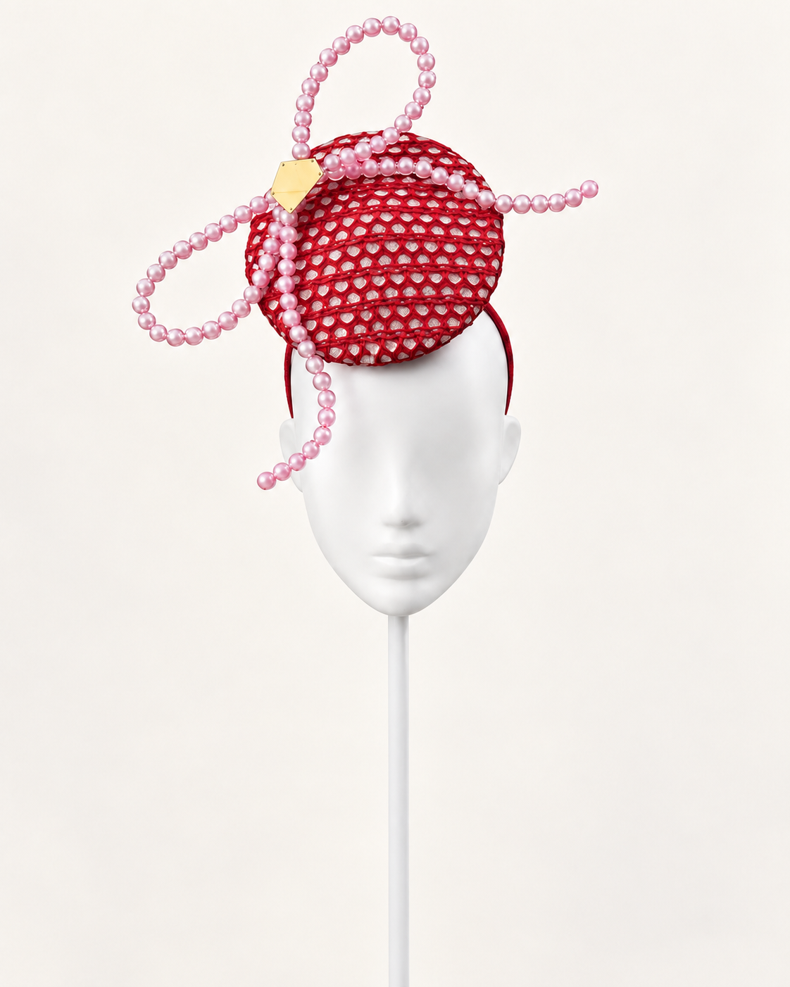 Makati red sculptural beaded disc fascinator by Rachel Sañado, view 1