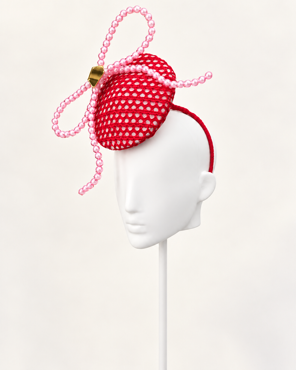 Makati red sculptural beaded disc fascinator by Rachel Sañado, view 2