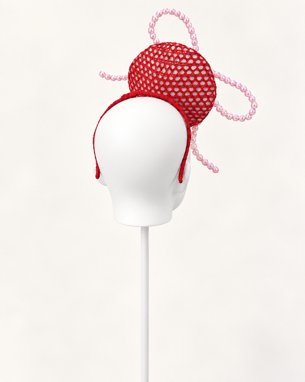 Makati red sculptural beaded disc fascinator by Rachel Sañado, view 3
